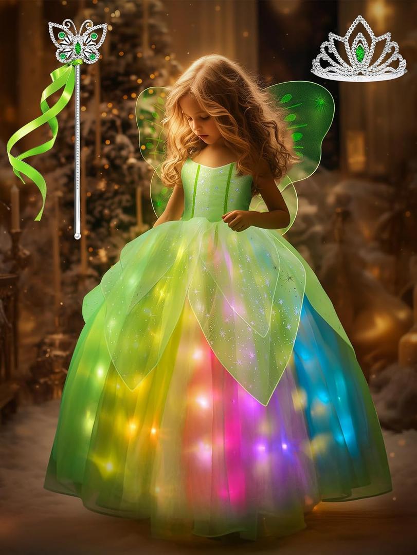 Light Up Girls Halloween Costume Toddler Fairy Dress & Wings Green Fairy Girls Costume Princess Ball Gown Kids (5-6 Years)