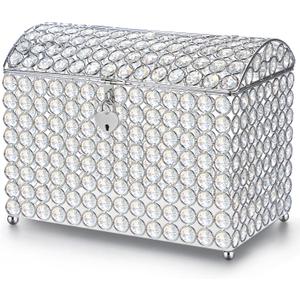 Nitial Crystal Wedding Card Box with Heart Lock 11in Wedding Money Box Treasure Chest Silver Bead Card Receiving Memory Storage for Reception Brithday Graduation Baby Shower Party (Elegant Style)