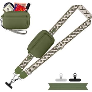 YFWE Clip and Go Strap for Phone with Wallet Crossbody, Adjustable Phone Lanyard with Detachable RFID Wristlet Wallet, Pattern Strap - Olive Green(M)