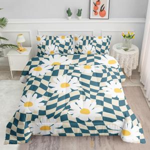 Kids Comforter Set Checkerboard Daisy Printed Pattern Bedding Set with 1 Comforter and 2 Pillowcases for Girls Boys Bedroom All Season(Checkerboard Daisy Twin)