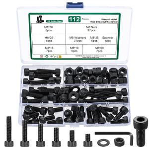 112 Pcs M8 Metric Screw Set, M8 Hex Socket Head Cap Screws Nuts and Washers Assortment Kit, Metric Bolts and Nuts Kit, 12.9 Carbon Steel Black Assorted Machine Screw Assortment Kit
