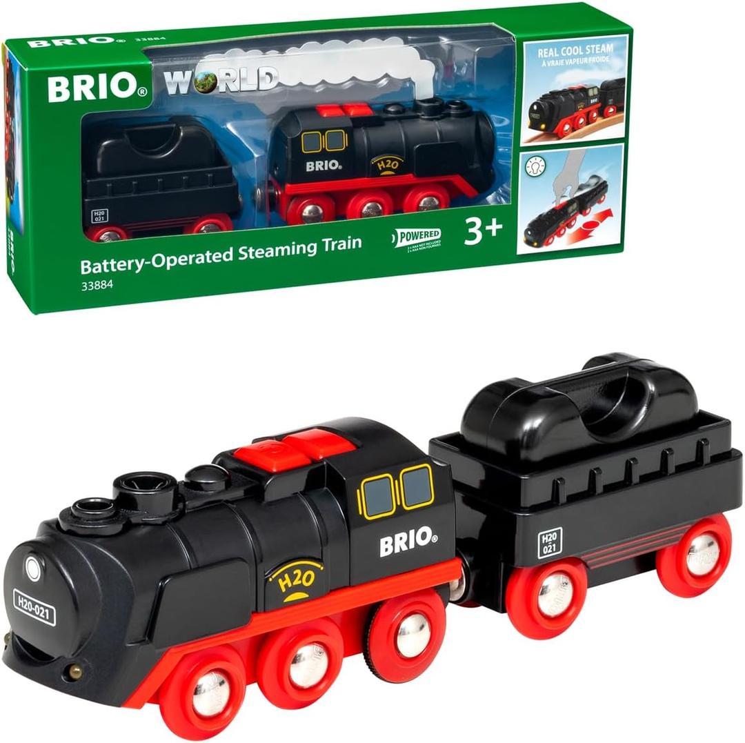 BRIO World Battery-Operated Steaming Train - 3-Piece Motorized Train Engine for Wooden Track with Lights and Kid-Friendly Steam - Interactive Play with Forward/Reverse - for Kids 3 & Up