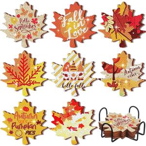 Shellwei 8 Pcs Fall Thanksgiving Diamond Art Coasters Autumn Maple Leaves Diamond Painting Coasters with Holder Thanksgiving Leaves Painting Kit Autumn Orange Crafts for DIY