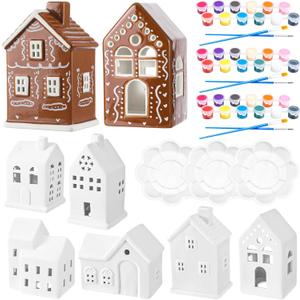 Beeveer Set of 6 Ceramic Christmas Village House Paint Craft Kit Blank Ceramic Plaster Keepsake Pigment Palette Brushes Included for Xmas Holiday Party Art DIY Project Tabletop Decoration