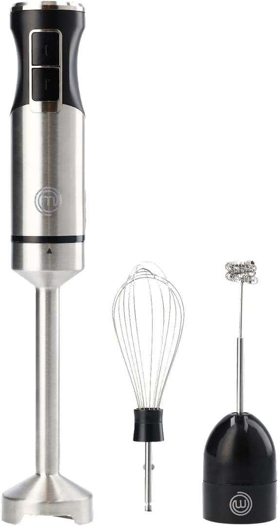 MasterChef Immersion Blender Handheld with Electric Whisk & Milk Frother Attachments, Hand Held Stainless Steel Stick Emulsifier for Making Baby Food, Soup, Puree, Cake, Cappuccino, Latte etc, 400W (3-in-1 (Pack of 1))