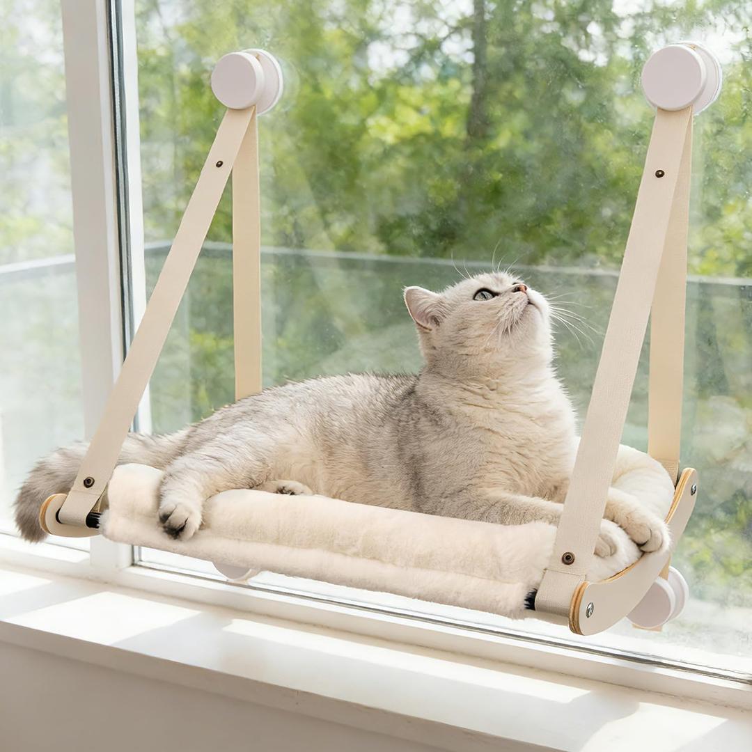 Cat Window Perch, Cat Hammock for Window with 4 Strong Suction Cups - Easy Assembly, Solid Wood Frame with Large Cats Bed - Supports Up to 40lbs for Indoor Cats