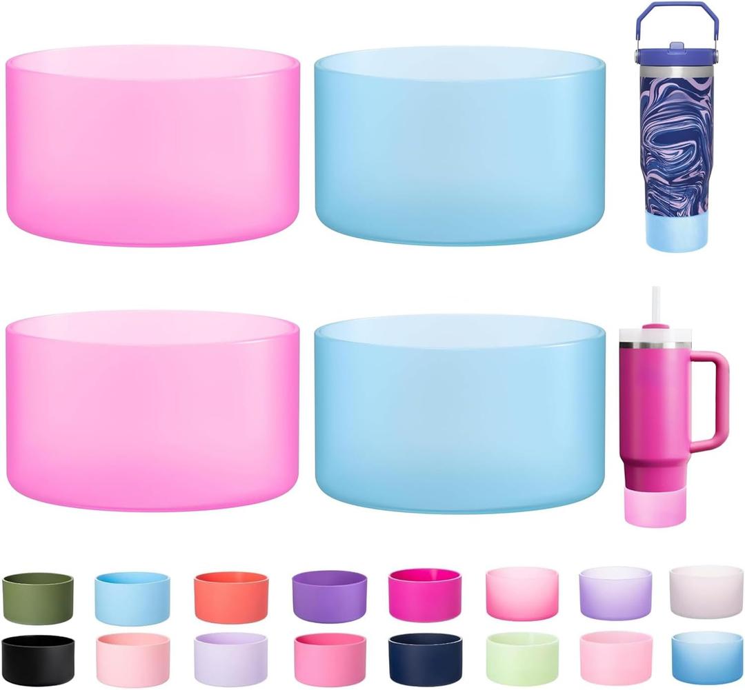 LONPARRY 4-Pack Silicone Boot for Stanley Cup 40 30 OZ, Boots for Stanley Cups Accessories 40 30OZ,Non-Slip Rubber Bottom Protector Cover,Noise Reduction Sleeve for Quencher H2.0 / IceFlow 20oz 30oz (2 Clear Fuchsia+2 Clear blue)