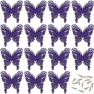 2 x 15 PCS Glitter Butterfly Christmas Tree Ornaments, Hollow-Out Butterfly Christmas Decoration with Clips, Craft Xmas Ornaments, Xmas Tree, Wreath, Garland, Home Decorations, Purple