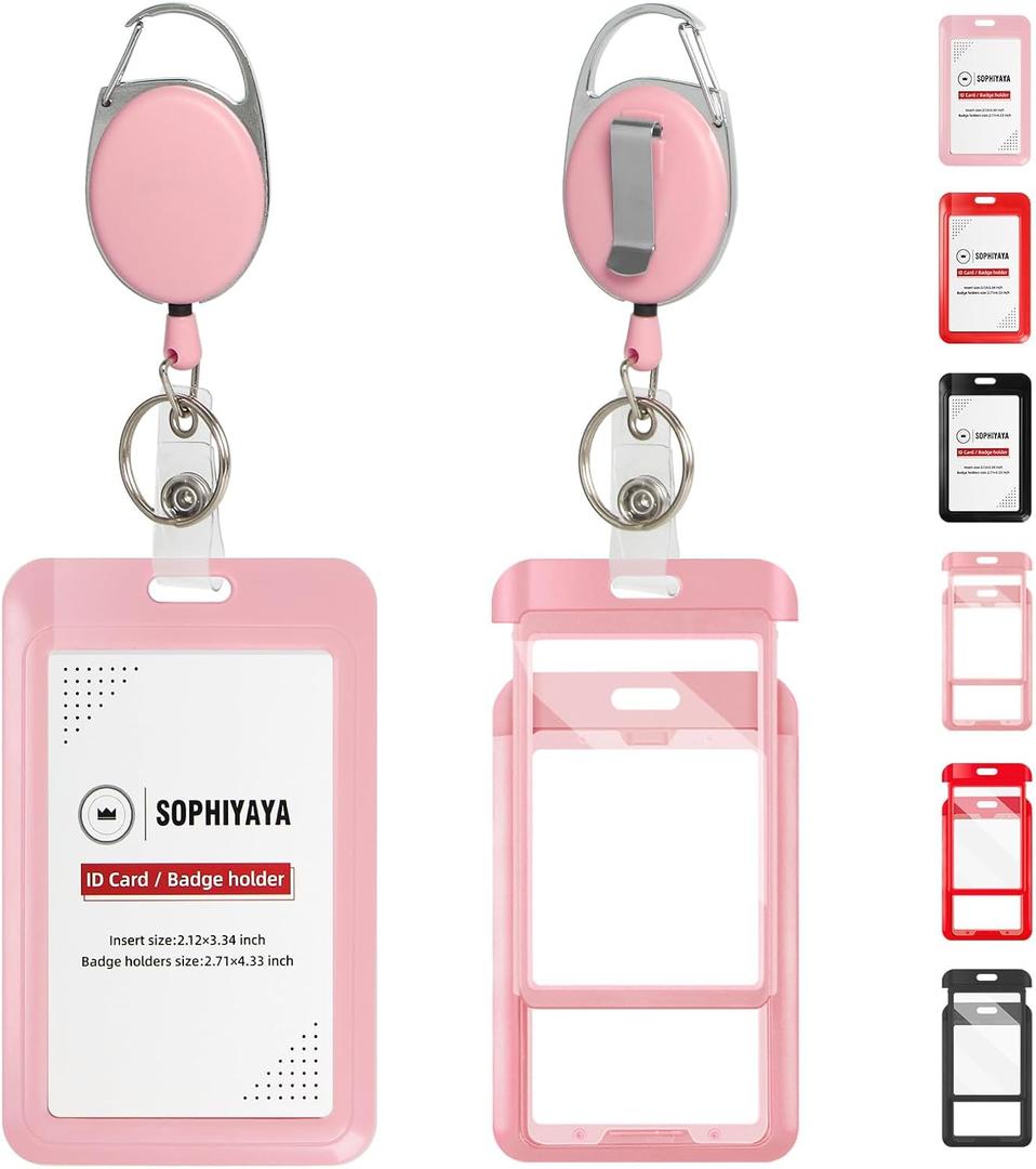 Badge Holder and Retractable Reel, ID Badge Holders with Retractable Clip for Office Factory Teacher Student Women Men (Pink, Double Sided) (Vertical 1 Pack with Reel)