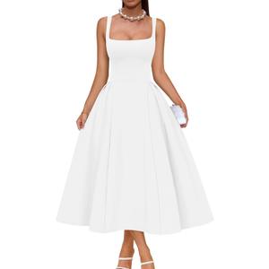 Memoriesea Women's Elegant Square Neck Swing A Line Wedding Evening Party Midi Dress White, S