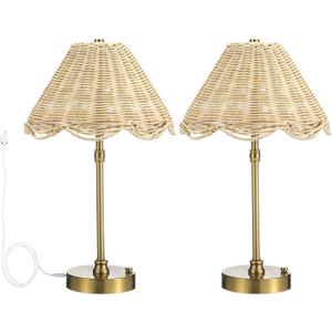 Retisee 2 Pack Rattan Table Lamps with Scalloped Lampshade Adjustable Lighting Bohemian Wicker Woven Lamp for Bedside Bedroom Home Office Restaurant Dining Table Decor
