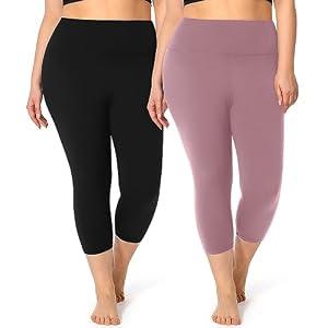 2 Pack Plus Size Capri Leggings for Curvy Women -1X-4X High Waisted Tummy Control&Soft Yoga Workout Gym Tights Pants(2 Pack Black+Pink, 4XL)