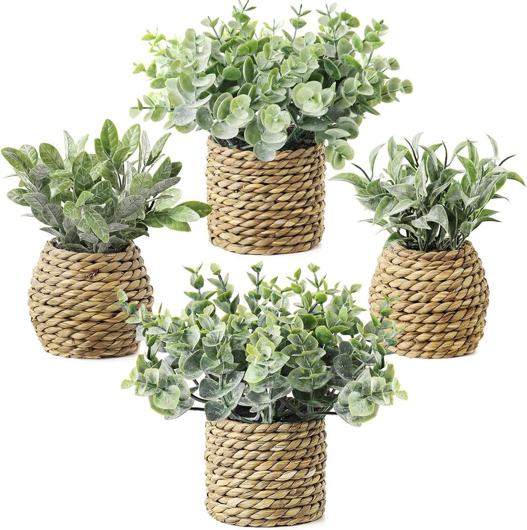 Small Fake Potted Plants: 7 Inches Artificial Plants with Seagrass Handwoven Planters, Indoor Farmhouse Decorations, Eucalyptus Plant for Home Bathroom Office Shelf Tabletop Desk Room Decor or Gift (Straw)