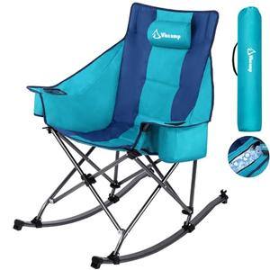 350lbs Rocking Camping Chair, Oversized Fully Padded Patio Chair Lawn Chairs With Cooler Bag Headrest and Cup Holder Rocking Chair Outdoor Folding Chairs For Outside Camping Contest (BlueGreen)
