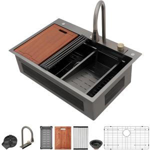 Lordear Black Waterfall Kitchen Sink Drop In 33x22 Smart Workstation Gunmetal Black 16 Gauge Single Bowl Topmount Handmade Sinks with Pull Out Faucet Glass Rinser