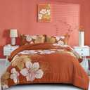 Menghomeus Burnt Orange Comforter Set Queen Gold Floral Comforter Terracotta Botanical Bedding Sets Soft Microfiber Thanksgiving Bed Comforter Set for All Season (1 Comforter, 2 Pillowcases)