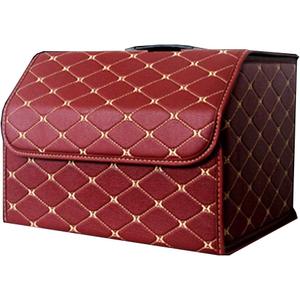 PME Car Truck Organizer with Cover/Single Plastic Handle, Heavy Duty PU Leather Portable Cargo Storage Box Seat Back Container Foldable Auto Car Backseat Organizer Red - Size M
