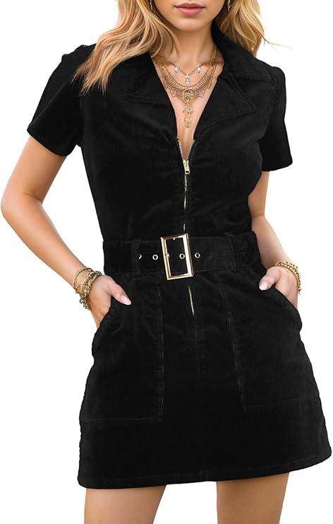 Women's Corduroy Mini Dress Short Sleeve Lapel Zip Up Belted Cowgirl Dresses with Pockets, Size: L