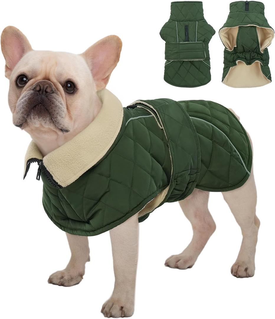 Kuoser Dog Jacket Warm Fleece Lined Dog Coats for Small Dogs, Waterproof Pet Coat Reflective Puppy Snowsuit with Harness Hole for Cold Weather Walking Hiking, Quilted Dogs Winter Vest, Green, S (Small (Chest: 32 - 42CM / 12.59"-16.53"))
