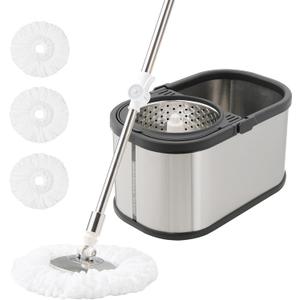 Stainless Steel Spin Mop and Bucket with Wringer Set, 360 Spinning Mop Bucket Floor Cleaning System with 4 Microfiber Mop Replacement Heads
