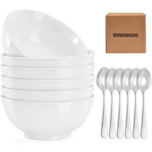 VENVENWEAVS 30 OZ White Thickened Ceramic Bowls Set of 6 Complimentary 6 Spoons, Large Reinforced Ceramic Bowls Perfect for Soup,Salad,Cereal, Ramen And More,Microwave&Dishwasher Safe