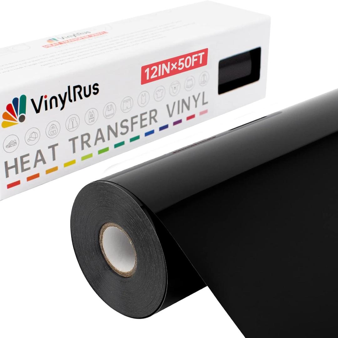 VinylRus Heat Transfer Vinyl-12 x 50ft Black Iron on Vinyl Roll for Shirts, HTV Vinyl for Silhouette Cameo, Easy to Cut & Weed