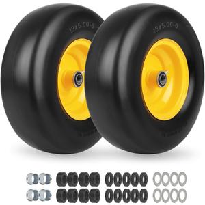 GICOOL 2-Pack 13x5.00-6 Flat Free Lawn Mower Tire and Wheel Assembly, 13" Solid Smooth Tread PU Tire with 3/4" or 5/8" Bearing, 3.25"-5.9" Adjustable Centered Hub for Zero Turn Mowers