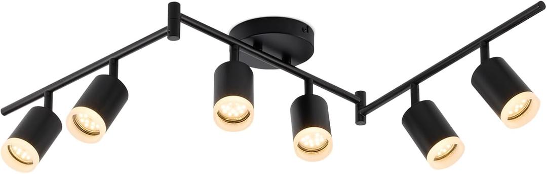 Bojim 6 Light Black Track Lighting Kit, Modern LED Track Lighting Fixtures Ceiling, Flexibly Rotatable LED Light Head with Acrylic Ring, Kitchen Ceiling Track Light (GU10, Bulbs Not Included)