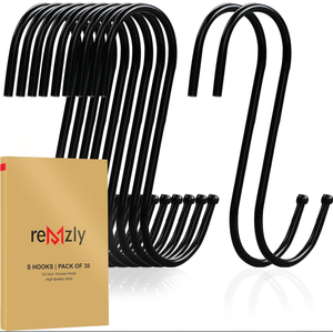 Remzly 30 Pack Black S Hooks for Hanging 3.5 Inch Heavy Duty Durable Metal Hooks Carbon Steel S Shaped Large S Hooks for Hanging Jeans Kitchen Utensils Plants Pot Pan Cups Towels & Bags