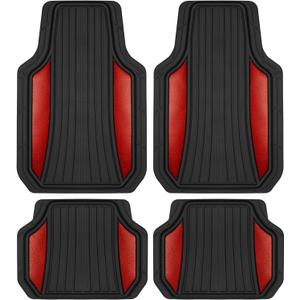 Motor Trend ChromeTech Car Floor Mats Full Set - Durable Rubber Floor Mats for Cars with Two Tone Accent, All Weather Interior Protection for Front and Rear with Non-Slip Backing, Red Chrome