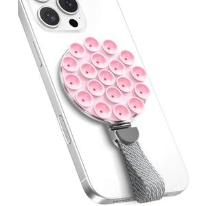 MagSuction Grip Magnetic Phone Grip Holder for MagSafe, Silicone Suction Phone Mount, Adjustable Kickstand with Finger Loop, Compatible with iPhone 17/16/15/14/13/12 Series (Silver&Pink)