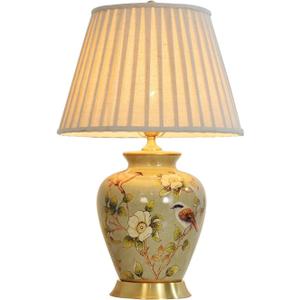 American Flower&Bird Ceramic Table Lamp, Hand-Painted Chinoiserie Lamps, Fabric Lampshade Nightstand Lamp for Bedroom Living Room Office College Bookcase