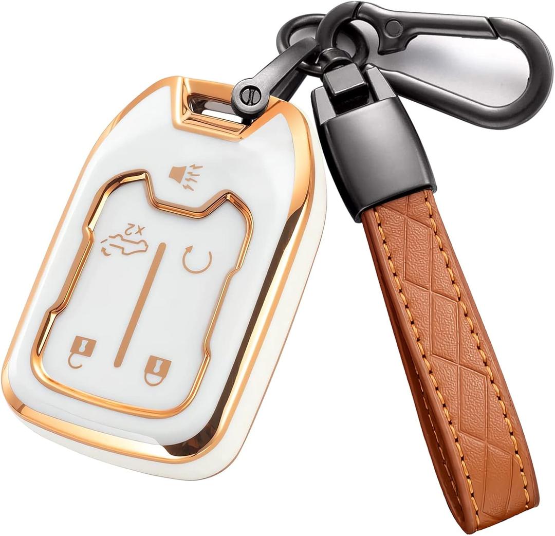 for Chevy Silverado GMC Sierra Key Fob Cover with Keychain, Premium Soft TPU Full Cover Protection Key Fob Case Remote Key Holder 5 Buttons (Ivory)