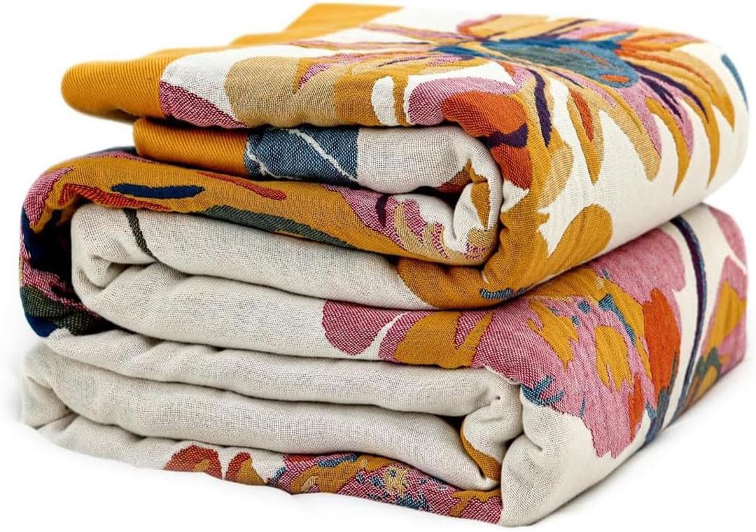 Boho Throw Blanket - 100% Cotton Soft Throw Blanket for Bed, 60"x80" Reversible Breathable Lightweight Spring Blankets, All Seasons Farmhouse Decor Floral Plant Butterfly Throw Quilt (01-lnk and Wash)