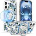 for iPhone 16 Case with MagSafe Stand Ring for Women, Cute Clear Floral Design with 360 Kickstand Holder Magnetic Shock Proof Heavy-Duty Protection Blue Flower