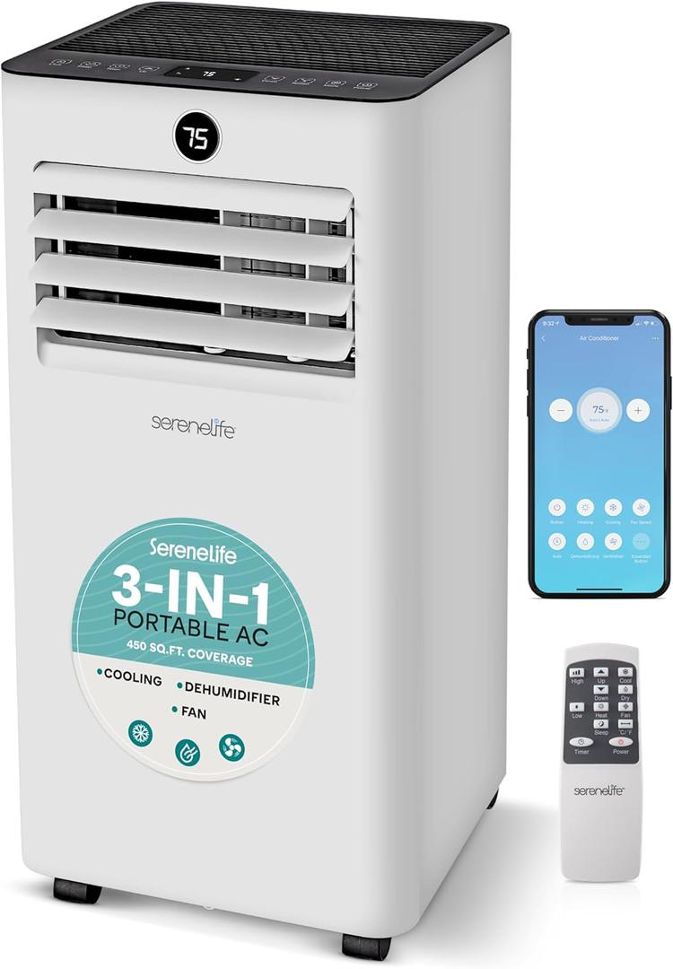 SereneLife 10,000 BTU Portable Air Conditioner with WiFi Control, 3-in-1 Cooling, Dehumidifier & Fan, Compact Indoor AC Unit for 450 Sq. Ft. Coverage, Includes Window Exhaust Kit & Remote (White)