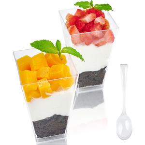 JOLLY CHEF 100 Pack 3 oz Square Mini Dessert Cups with Spoons, Clear Plastic Parfait Appetizer Cup, Small Plastic Dessert Serving Bowl for Tasting Party