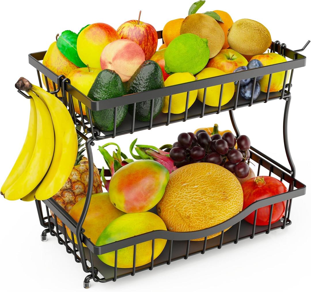 Large 2 Tier Fruit Basket for Kitchen Counter with 2 Banana Hangers, Metal Fruit Bowl with Protection Mats for Vegetable Bread Snack, Black, 14.5" W x 9.5" D