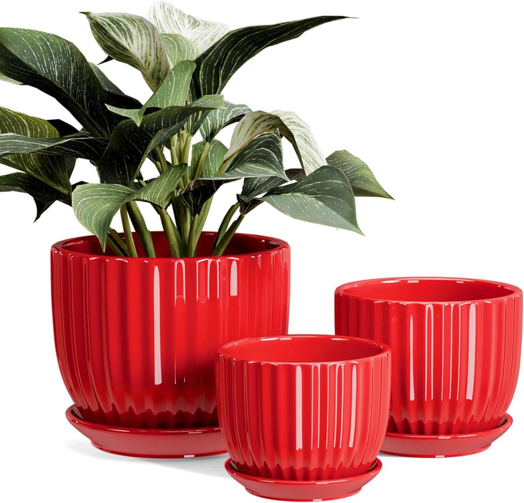 Ton Sin Ceramic Plant Pots - 4/5/6 Inch Red Planters Set of 3 with Drainage Holes and Saucer - Indoor Flower Pots for Plants Ceramic Planters for Indoor Gardening Succulent Pots