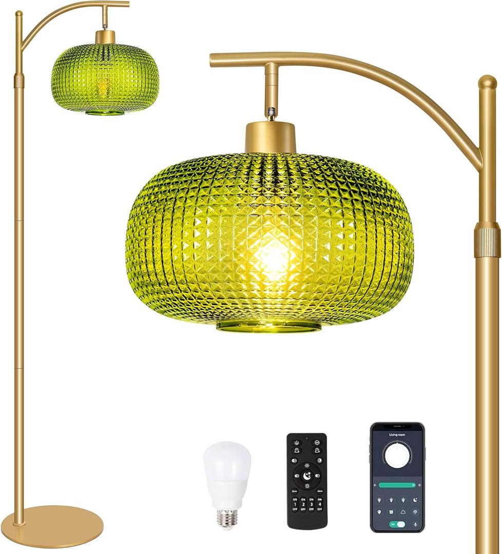Glass Floor Lamp for Living Room with Amber Glass Lampshade, Dimmable Modern Standing Lamp with 12W LED Bulb, Remote Control Tall Lamp for Bedroom