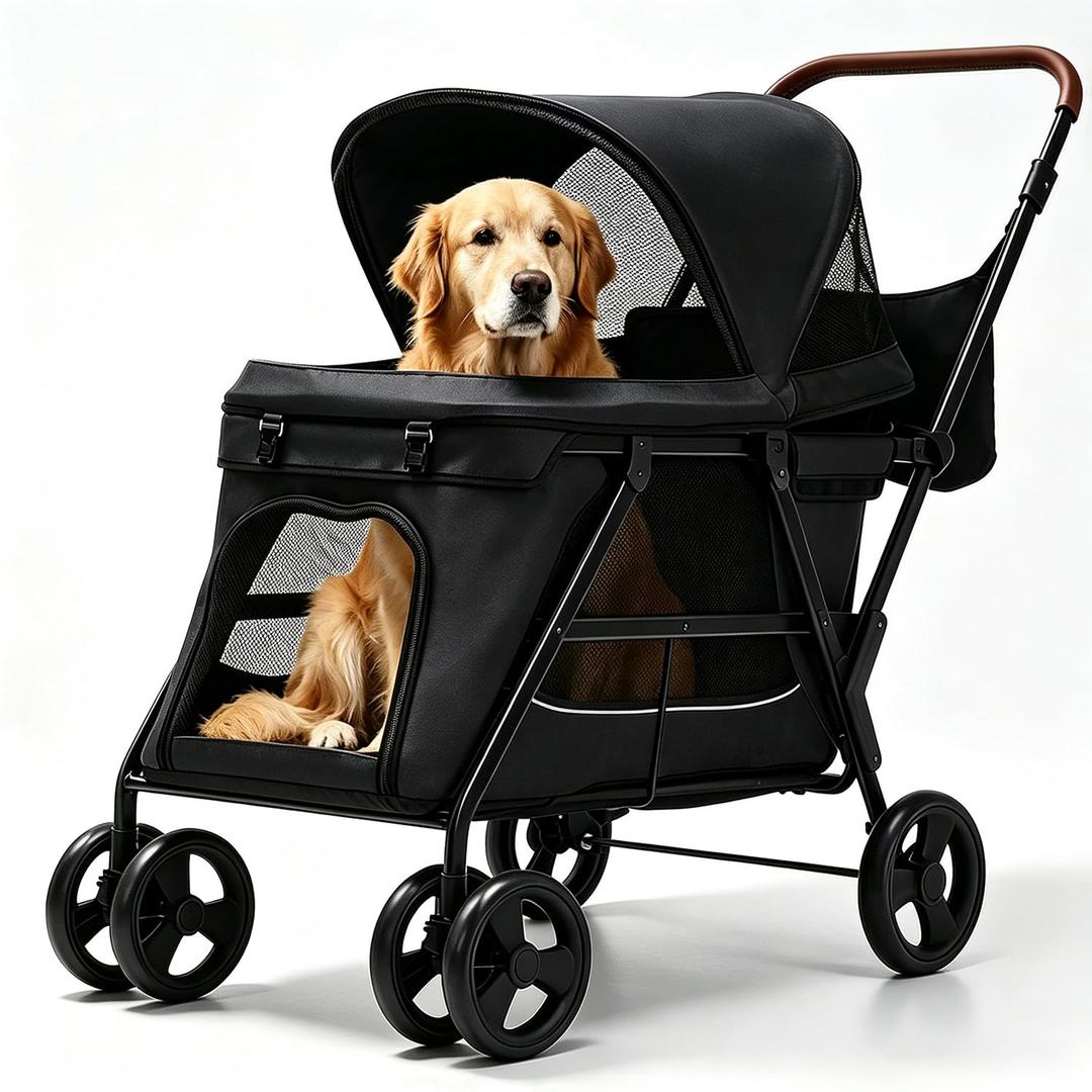 Dog Stroller for Large & Medium Dogs, Foldable Pet Stroller for 2 Small Dogs Up to 66lbs, with All-Terrain Wheels, Breathable Mesh Ventilation & Storage Pocket (Black)