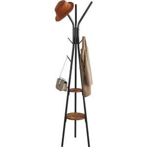 HOMEFORT Coat Rack, Coat Hanger Stand with 2 Shelves, Freestanding Hall Tree, Metal Hat Hanger with 12 Hooks for Clothes Hats and Scarves, Black and Rustic Brown,15.7" Wx15.7 Dx72.8H