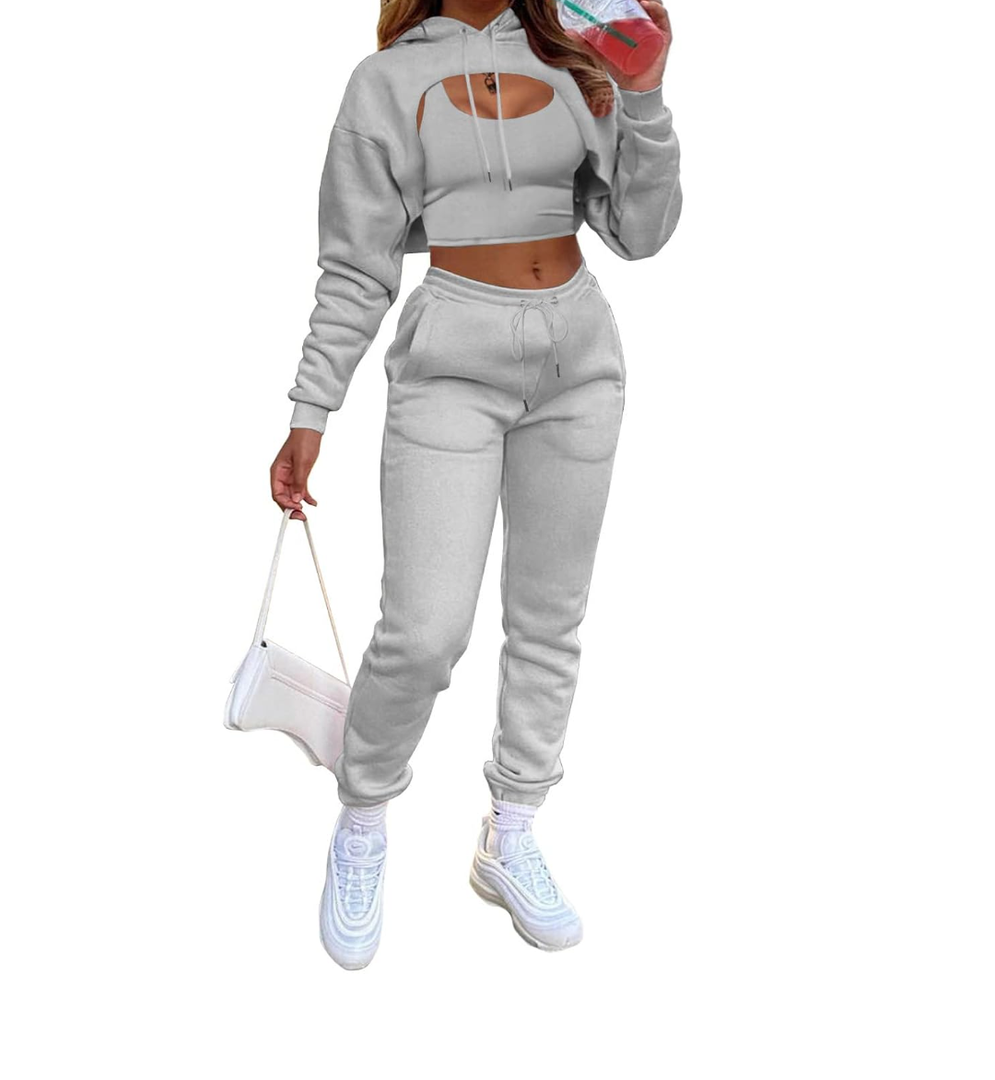 Women's Sexy 3 Piece Tracksuits - Long Sleeve Pullover Crop Top Hoodie +Tank Top+Drawstring Long Pants Sweatsuit, M