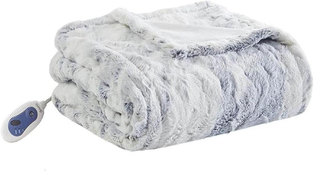 Beautyrest Zuri Reversible Faux Fur to Mink Electric Blanket, Auto Shut Off, Virtually Zero EMF, Multi Heat Setting, UL Certified, Machine Washable, Grey/Blue Throw 50x70