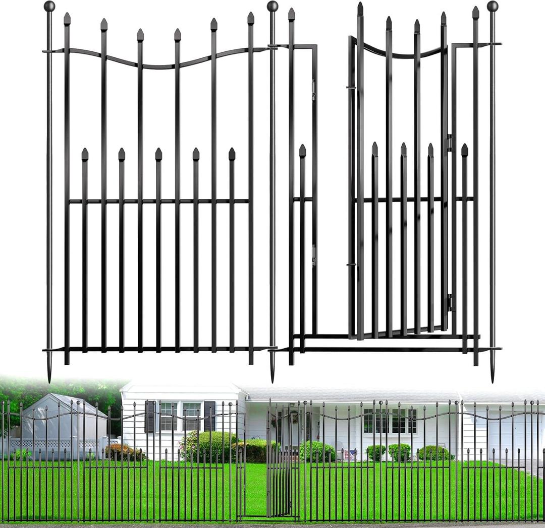 8 Panels No Dig Decorative Garden Fence with Gate, 40in(H)  17.6ft(L) Heavy-Duty Rustproof Metal Panels, Outdoor Dog Barrier for Yard & Patio, Landscape, Border| Portable Temporary Fencing