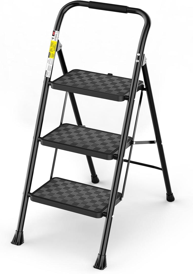 HBTower 3 Step Ladder, 3 Step Stool for Adults, 3 Step Ladder Folding Step Stool with Cushioned Handle Step Ladder with Wide Pedal Ergonomic Design, Black