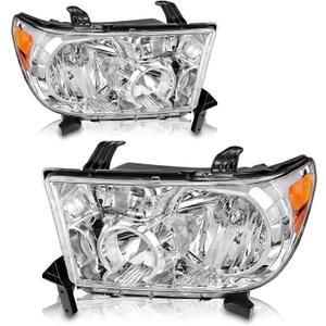 For 2007 2008 2009 2010 2011 2012 2013 Toyota Tundra Headlight Assembly For 2008-2017 Toyota Sequoia Head Lights Headlamp Replacement Driver and Passenger Pair, Chrome Housing Amber
