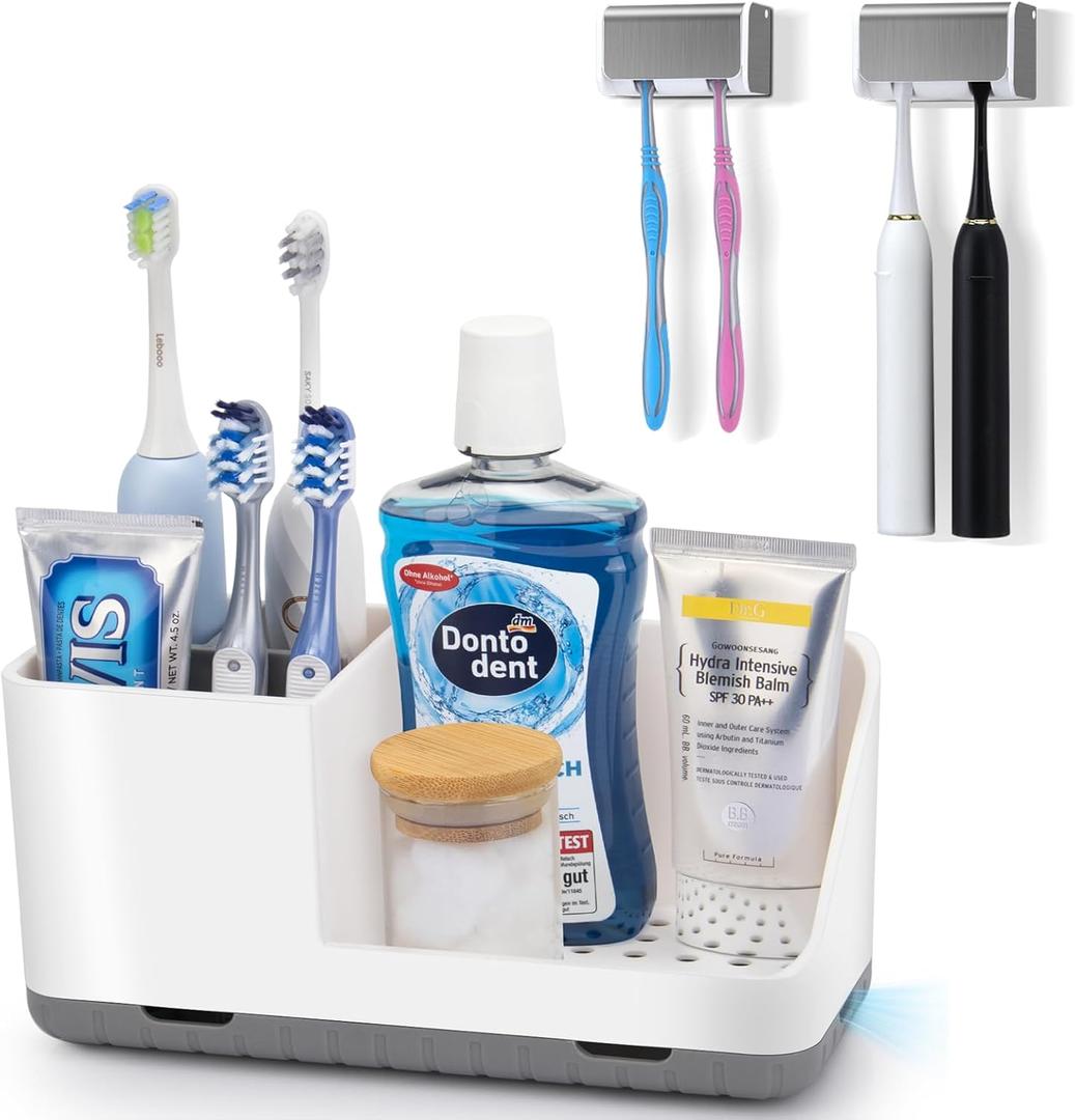 Toothbrush Holders for Bathrooms, Adjustable 6 Slots Electric Toothbrush and Toothpaste Holder, Cord-Friendly Detachable Bathroom Countertop Organizer with Front Ledge for Phone and Ring Holder
