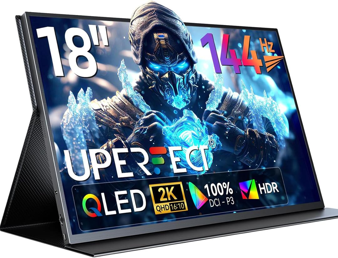 UPERFECT 18" QLED Portable Monitor, 2K 25601600, 144Hz Gaming Display, 500 Nits Brightness, FreeSync HDR, 100% DCI-P3, Ultra-Slim USB-C/HDMI Monitor for Laptop MacBook Phone Game Console, VESA Mount
