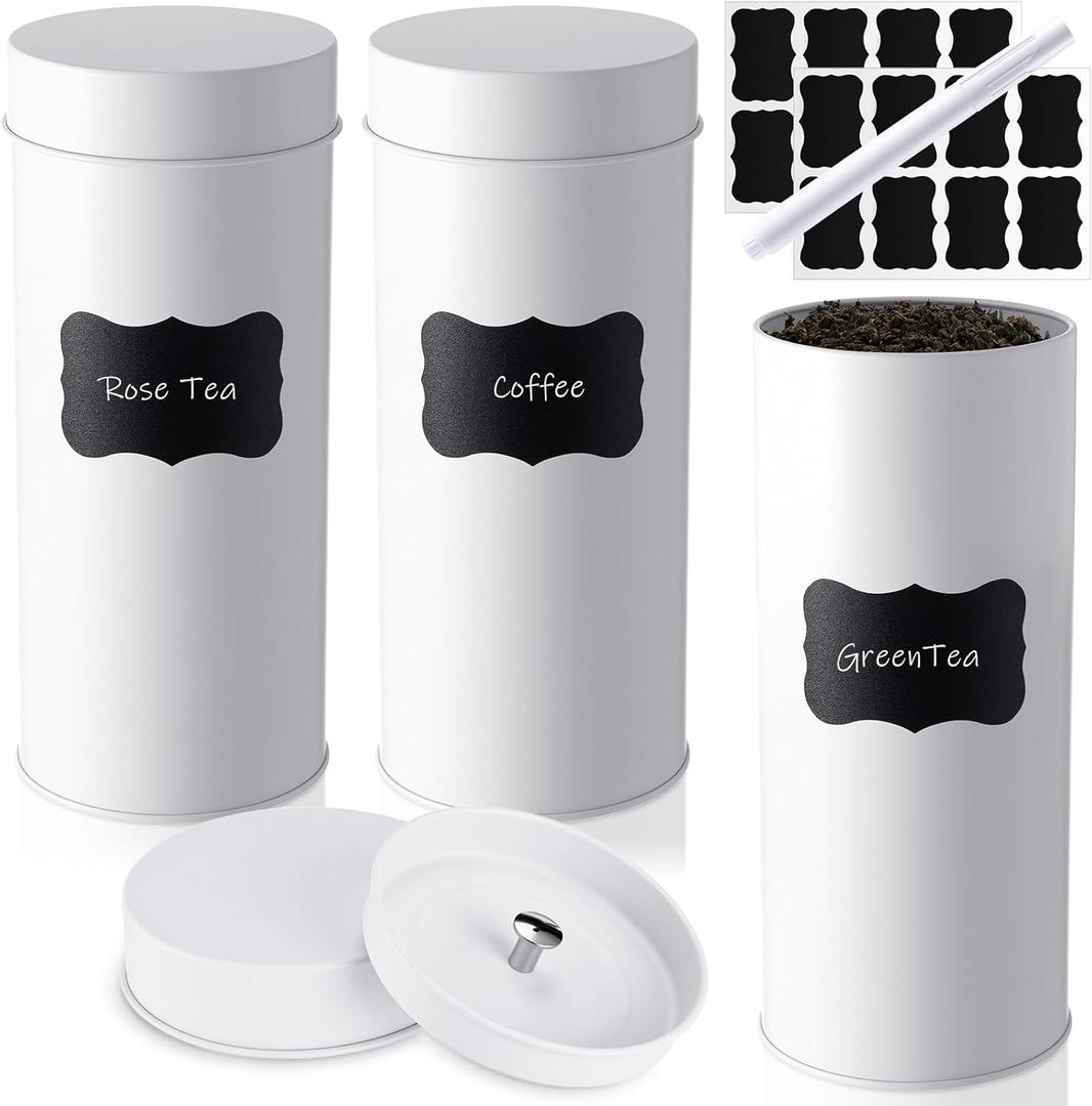 Tanlade 3 Pcs Tea Canister Metal Round Can with Airtight Lid Double Sealed 24 oz Tea Tin Container with 1 Erasable Chalk Marker and 16 Stickers for Loose Leaf Coffee Sugar